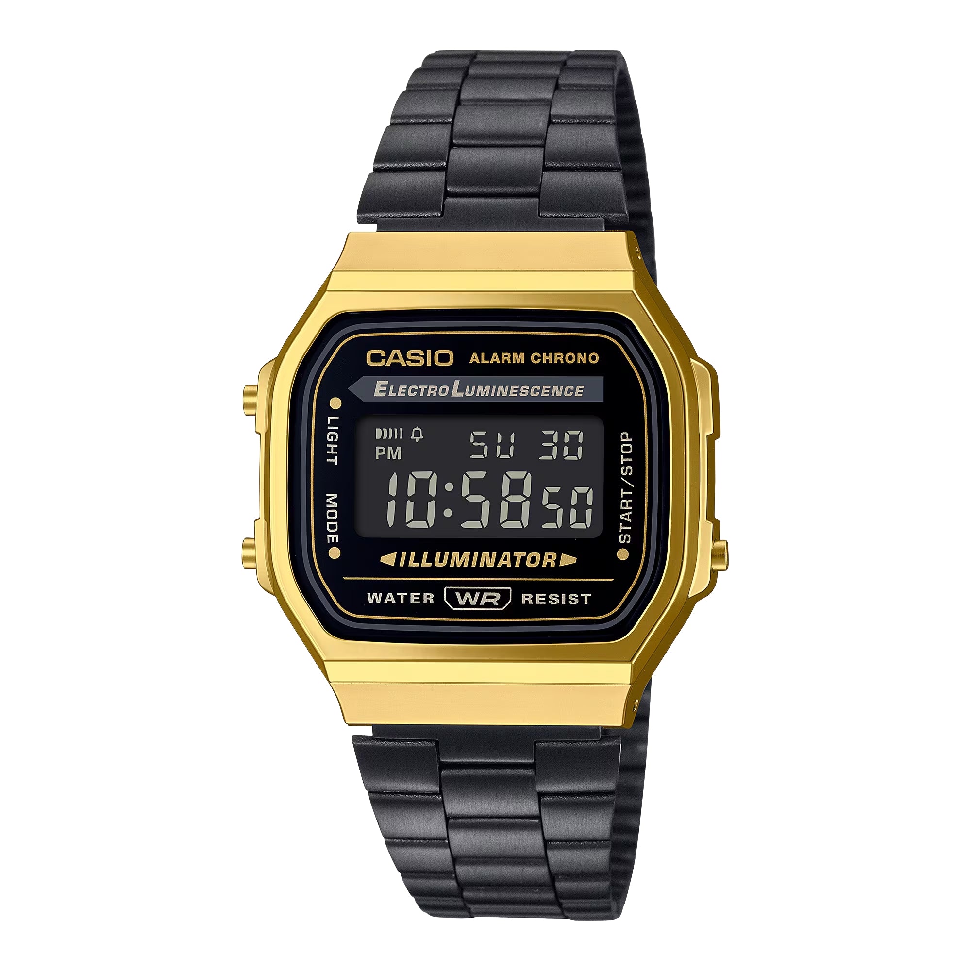 Casio Vintage A168WEGB-1BDF Unisex Digital Watch Gold Stainless Steel Bracelet Black Dial LED Backlight Quartz Water Resistant