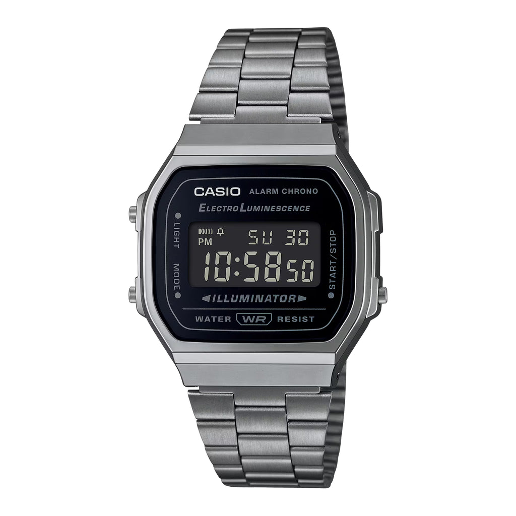 Casio A168WGG-1BDF Vintage Black Digital Unisex Watch| Electro-Luminescent Backlight | Stopwatch | Daily Alarm | Retro Stainless Steel Band | Water Resistant | Gunmetal Grey