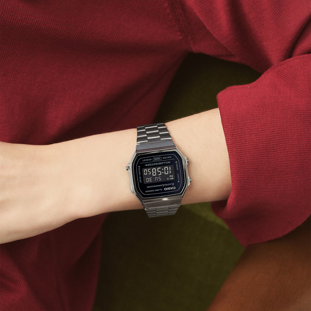 Casio A168WGG-1BDF Vintage Black Digital Unisex Watch| Electro-Luminescent Backlight | Stopwatch | Daily Alarm | Retro Stainless Steel Band | Water Resistant | Gunmetal Grey
