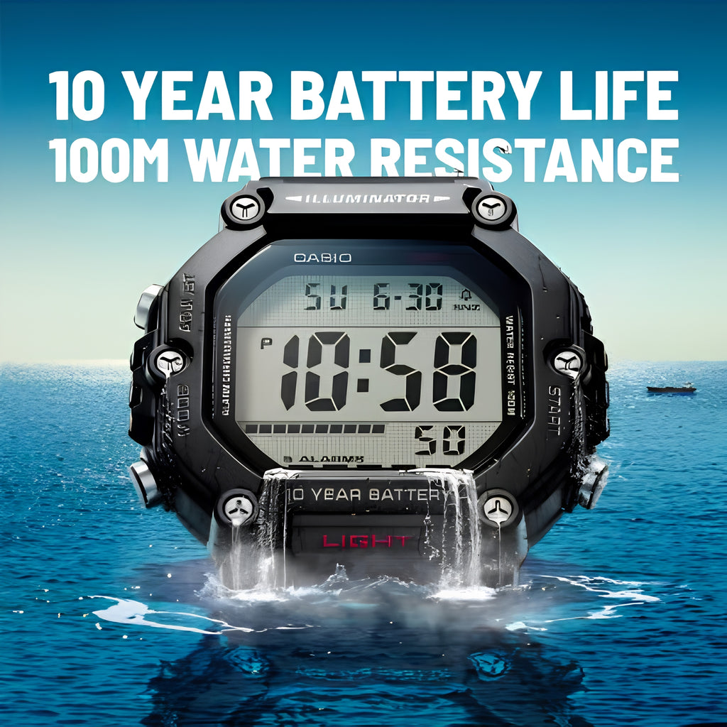 CASIO AE-1600H-1AVDF Digital Sports Watch for Men | 100M Water Resistant | 10-Year Battery | LED Backlight | World Time | Stopwatch | Black Resin Strap