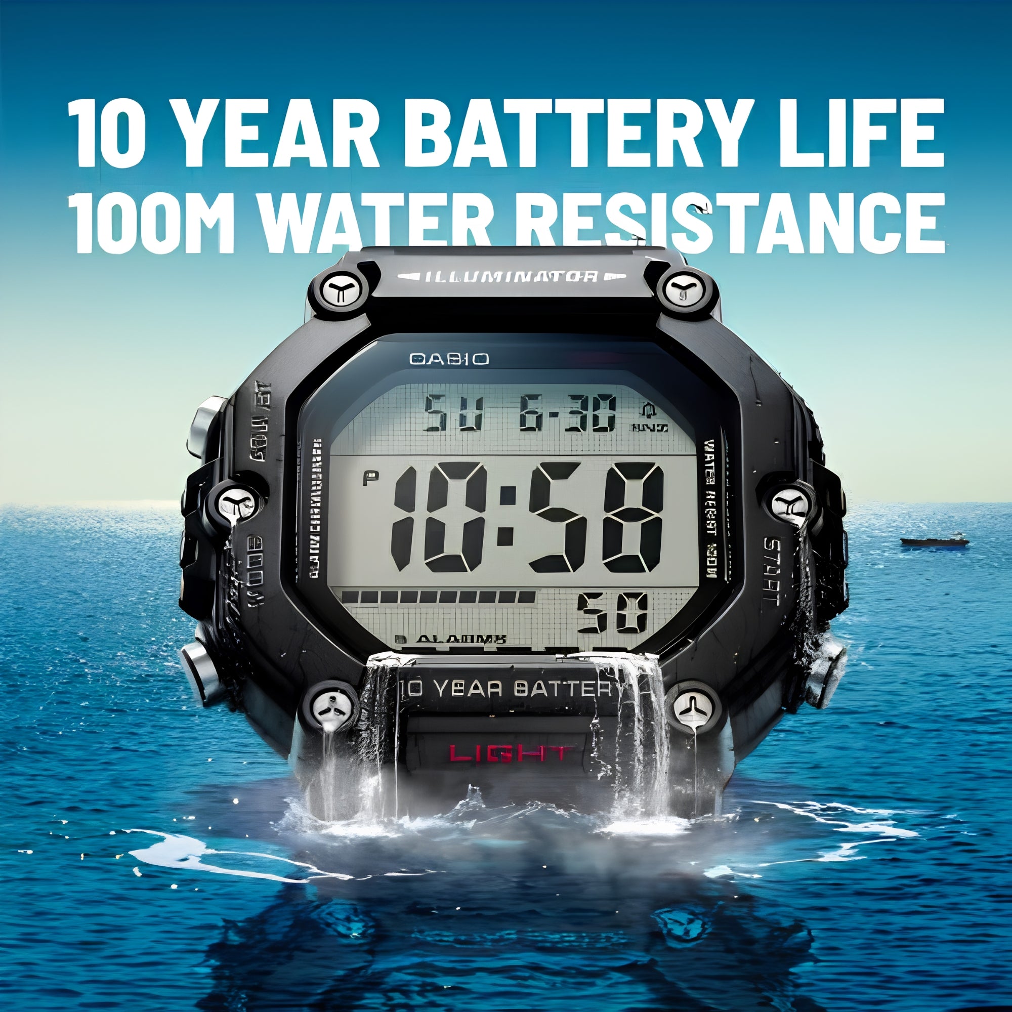CASIO AE-1600H-1AVDF Digital Sports Watch for Men | 100M Water Resistant | 10-Year Battery | LED Backlight | World Time | Stopwatch | Black Resin Strap
