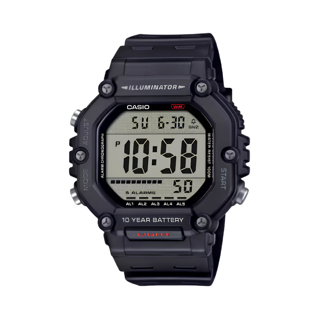 CASIO AE-1600H-1AVDF Digital Sports Watch for Men | 100M Water Resistant | 10-Year Battery | LED Backlight | World Time | Stopwatch | Black Resin Strap
