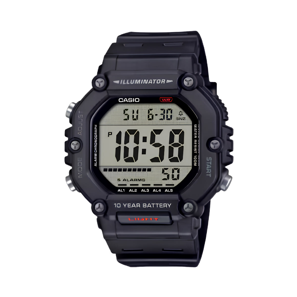 CASIO AE-1600H-1AVDF Digital Sports Watch for Men | 100M Water Resistant | 10-Year Battery | LED Backlight | World Time | Stopwatch | Black Resin Strap