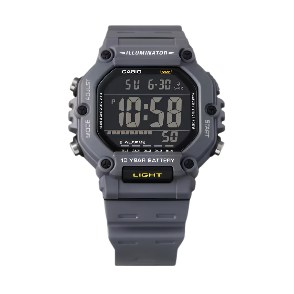 CASIO AE-1600H-8BVDF Digital Sports Watch for Men | 100M Water Resistant | 10-Year Battery | LED Backlight | World Time | Stopwatch | Gray Resin Strap