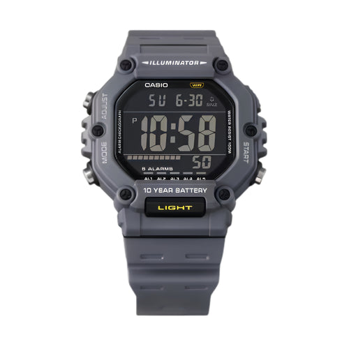 CASIO AE-1600H-8BVDF Digital Sports Watch for Men | 100M Water Resistant | 10-Year Battery | LED Backlight | World Time | Stopwatch | Gray Resin Strap