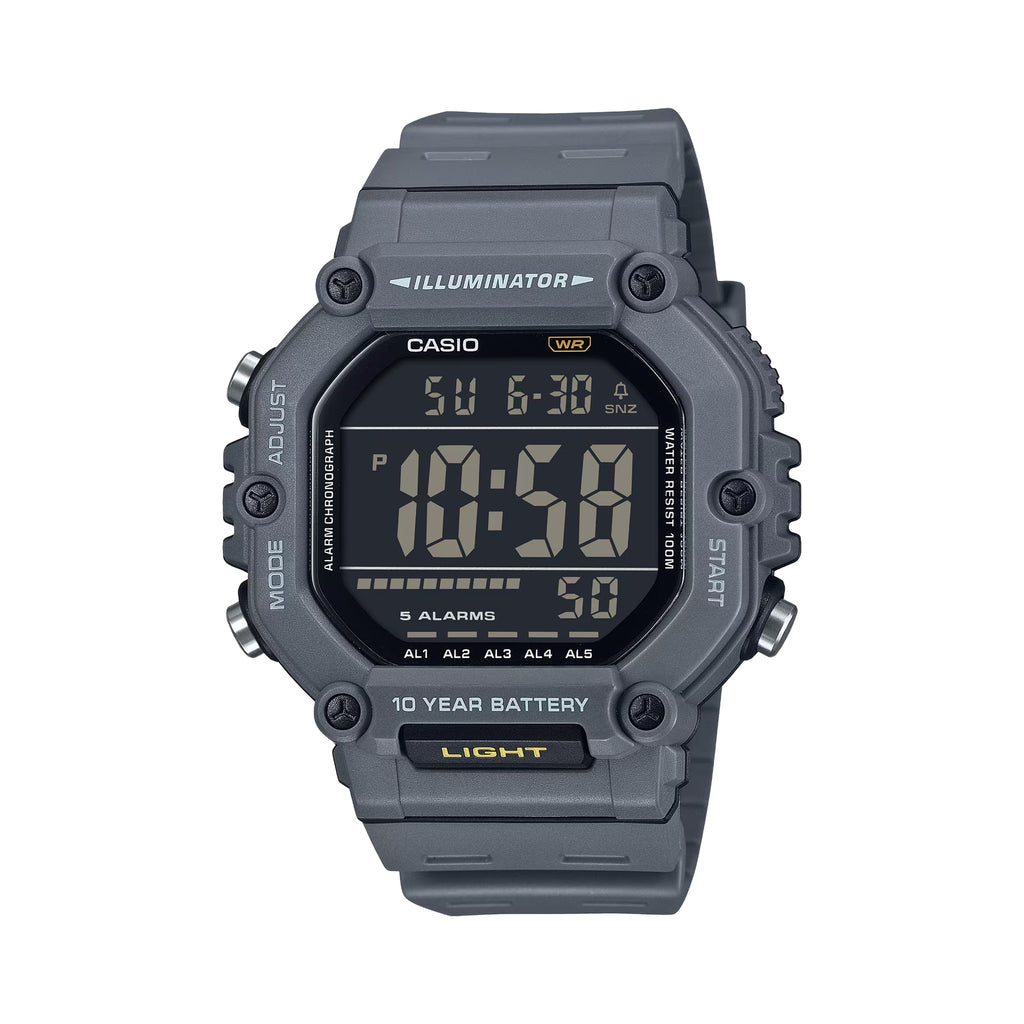 CASIO AE-1600H-8BVDF Digital Sports Watch for Men | 100M Water Resistant | 10-Year Battery | LED Backlight | World Time | Stopwatch | Gray Resin Strap
