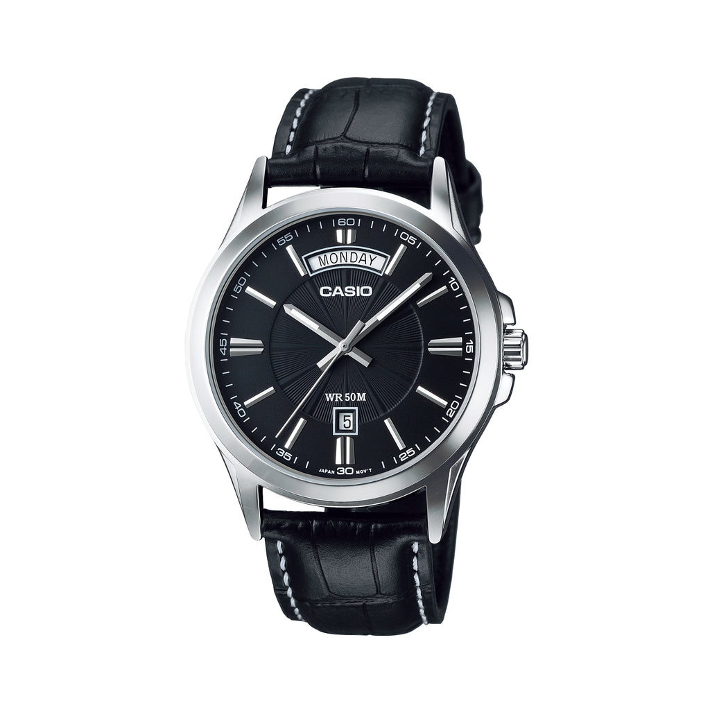 Casio Men's Analog Quartz Watch MTP-1381L-7AVDF Silver Dial Day Date Display Stainless Steel Case Black Leather Strap 50M Water Resistant