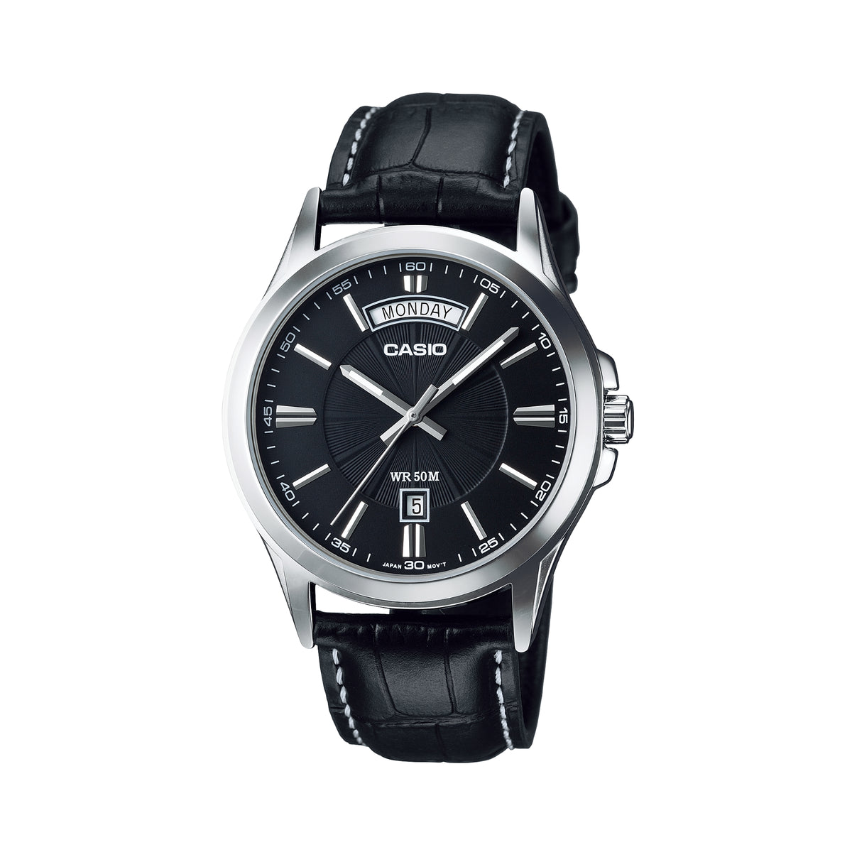 Casio Men's Analog Quartz Watch MTP-1381L-7AVDF Silver Dial Day Date Display Stainless Steel Case Black Leather Strap 50M Water Resistant