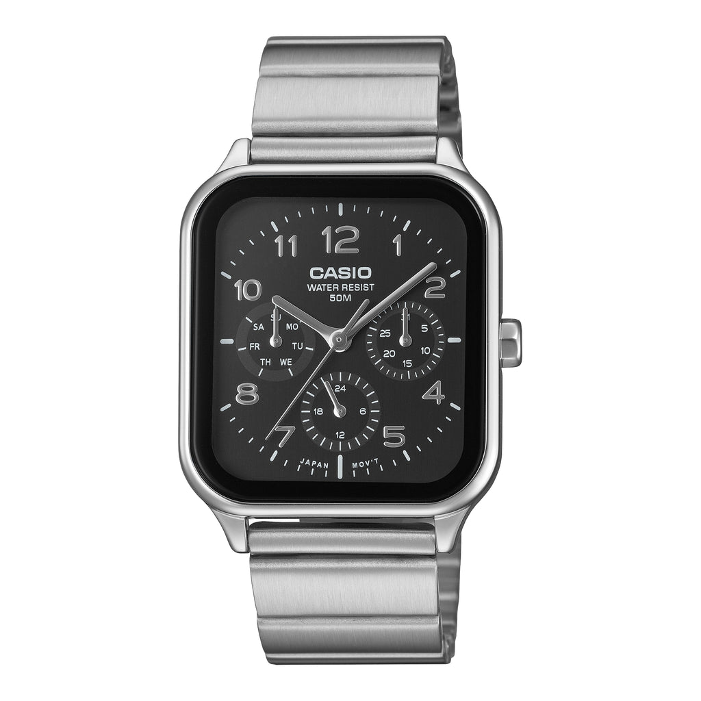 Casio Men's Analog Quartz Stainless Steel Watch MTP-M306D-2AVDF Blue Dial Moon Phase Day Date 50M Water Resistant Silver Strap