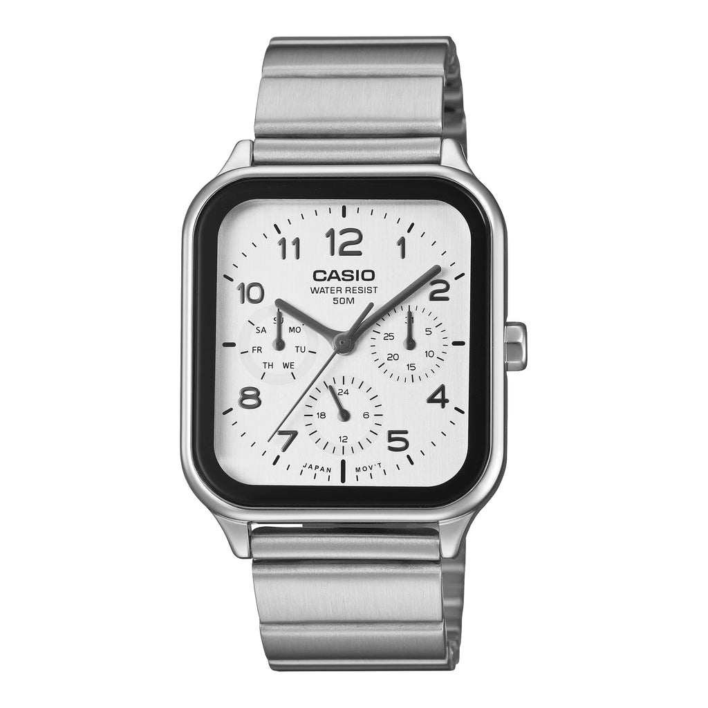 Casio Men's Analog Quartz Stainless Steel Watch MTP-M306D-2AVDF Blue Dial Moon Phase Day Date 50M Water Resistant Silver Strap
