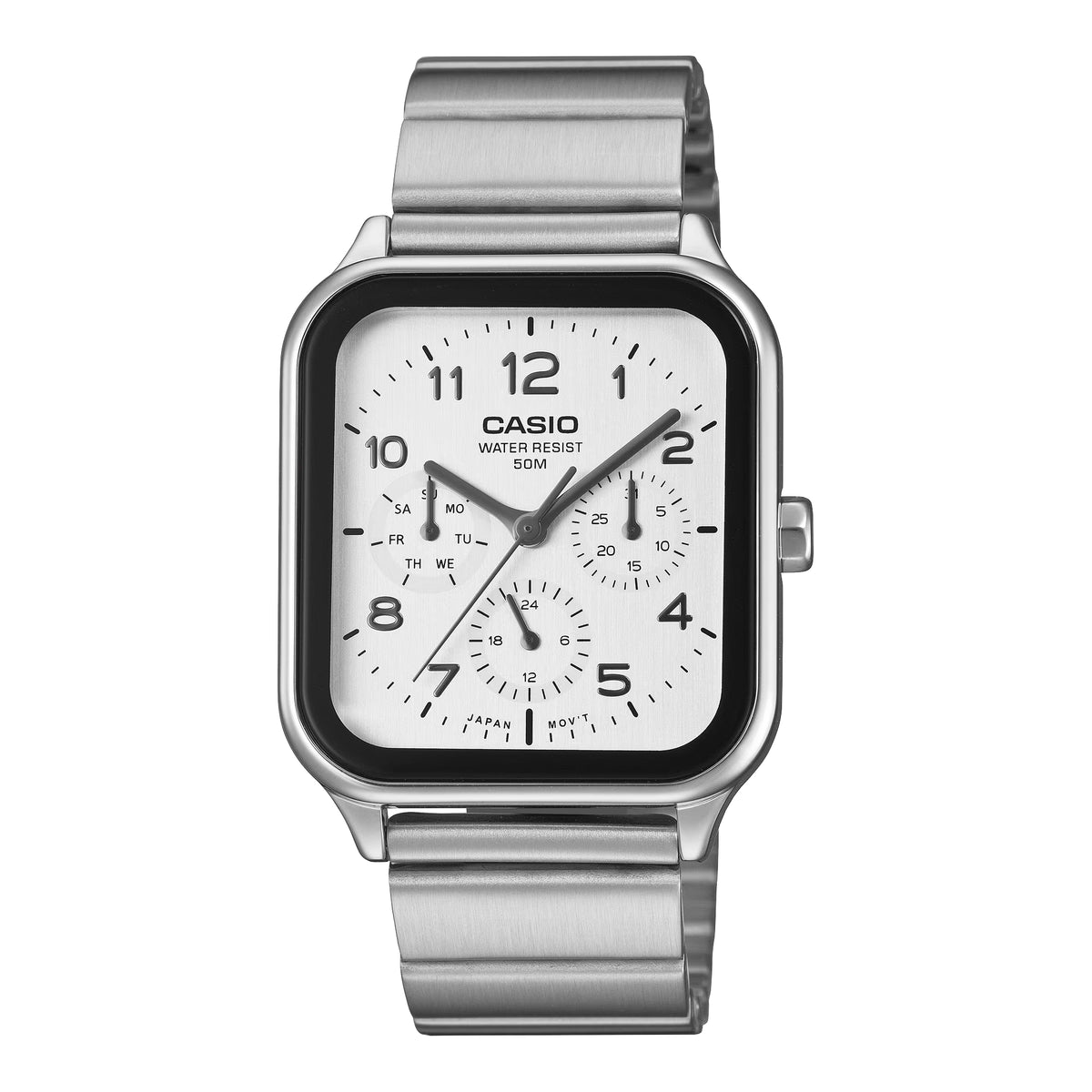 Casio Men's Analog Quartz Stainless Steel Watch MTP-M306D-2AVDF Blue Dial Moon Phase Day Date 50M Water Resistant Silver Strap