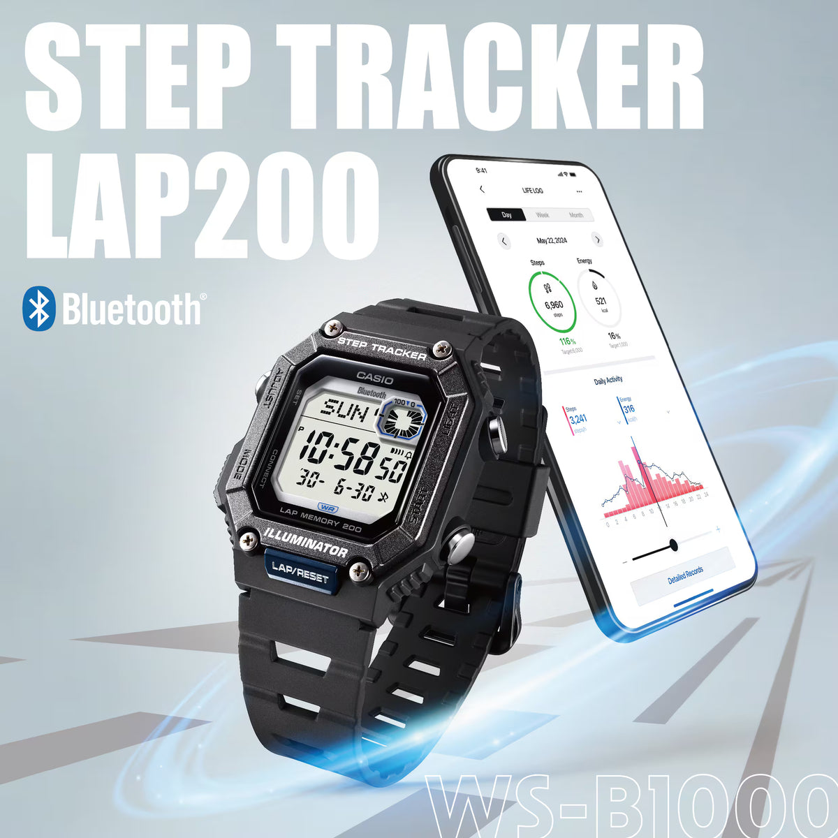 Casio WS-B1000-8BVDF Bluetooth Digital Sports Watch for Men | Step Tracker | 100M Water Resistant | Smartphone Link | LED Backlight | Gray Resin Strap