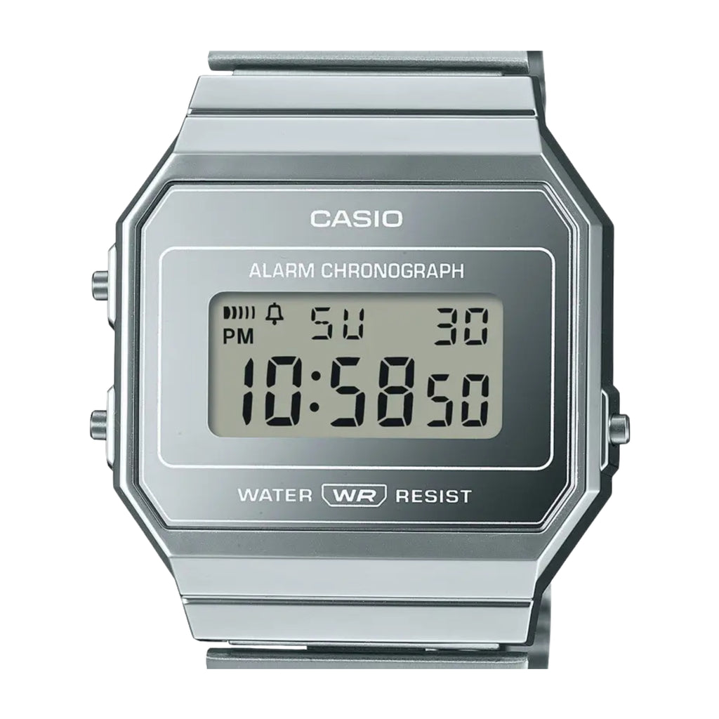Casio Vintage A700WEV-7ADF Unisex Digital Watch Silver Stainless Steel Mesh Bracelet LED Light Stopwatch Alarm Retro Design