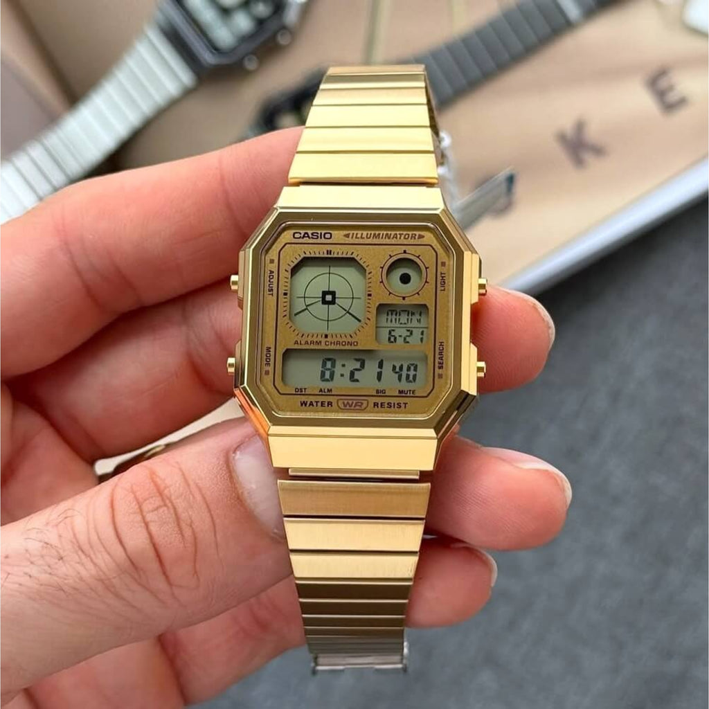 Casio Vintage A130WEG-9AEF Unisex Digital Watch with Gold Tone Stainless Steel Bracelet, Multi-Function LCD Display, Quartz Movement, Water Resistant