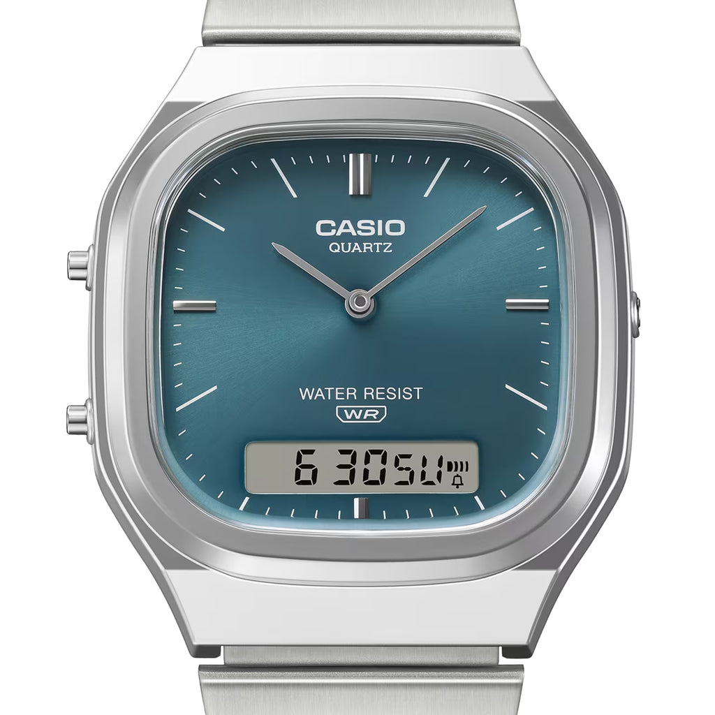 Casio Vintage AQ-240E-3ADF Unisex Analog-Digital Watch with Stainless Steel Bracelet, Green Dial, Quartz Movement, Daily Alarm, Water Resistant