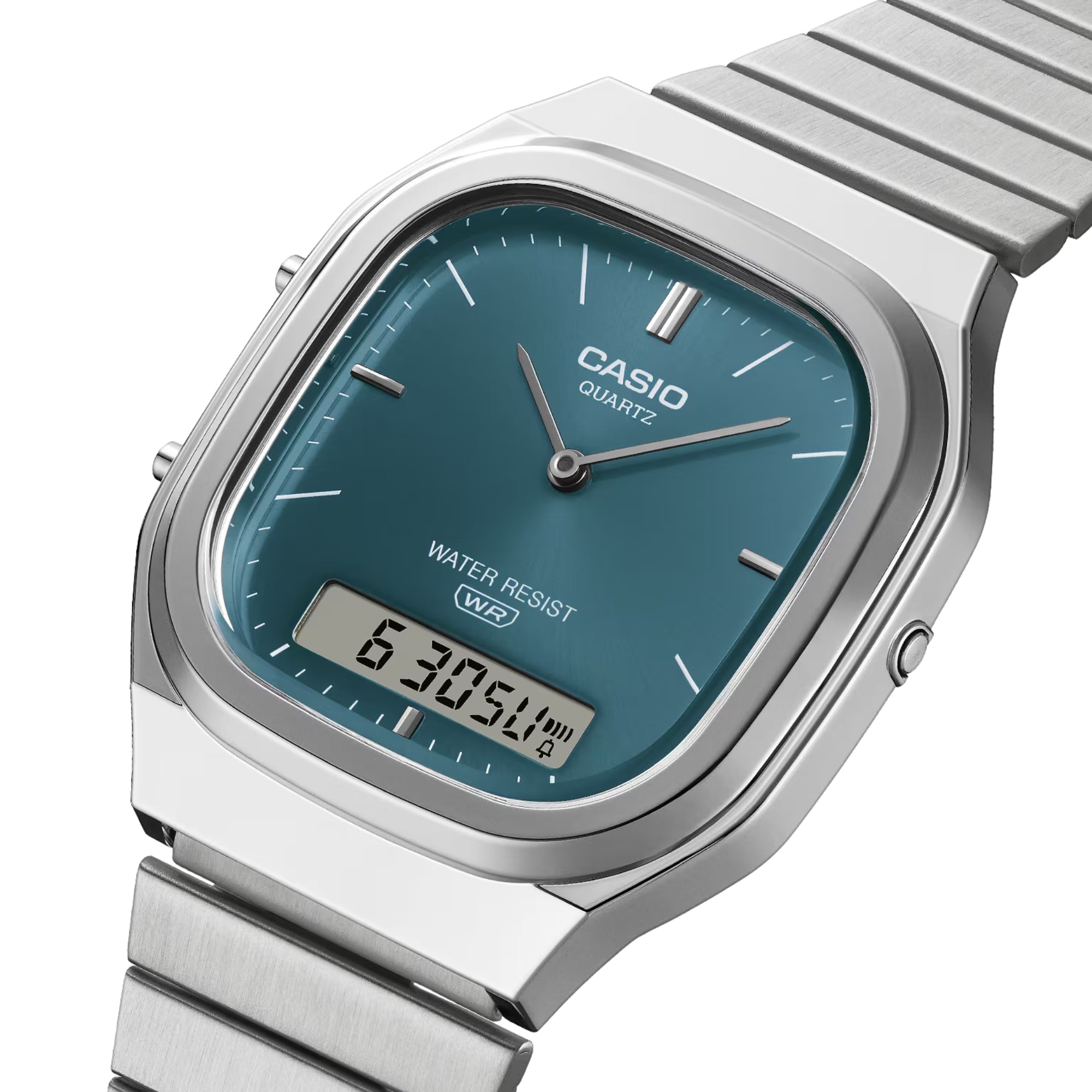 Casio Vintage AQ-240E-3ADF Unisex Analog-Digital Watch with Stainless Steel Bracelet, Green Dial, Quartz Movement, Daily Alarm, Water Resistant