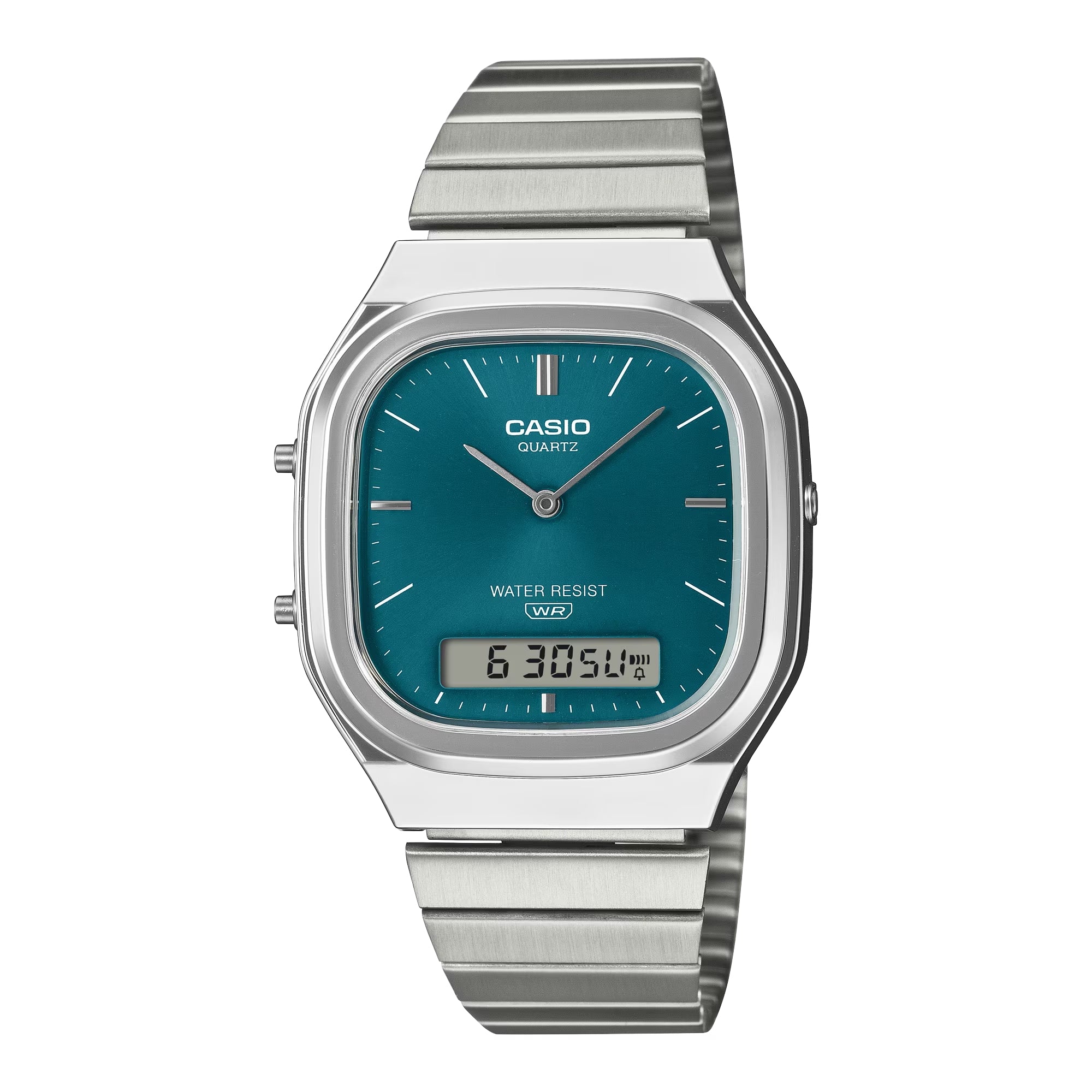 Casio Vintage AQ-240E-3ADF Unisex Analog-Digital Watch with Stainless Steel Bracelet, Green Dial, Quartz Movement, Daily Alarm, Water Resistant