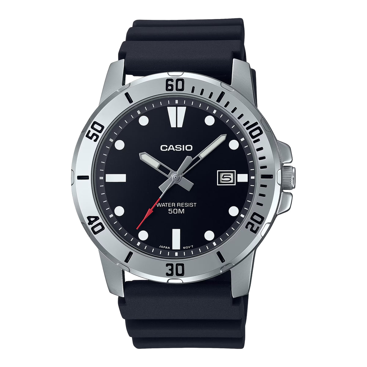 Casio MTP-VD01-1EVUDF Men's Analog Watch | Black Dial | Resin Strap | Quartz Movement | Mineral Glass | 50M Water Resistant | Date Display