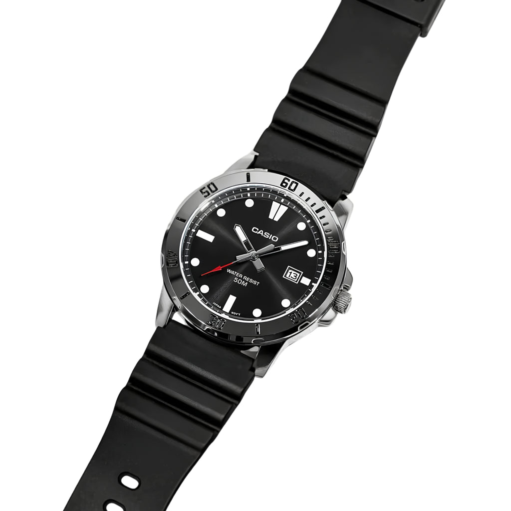 Casio MTP-VD01-1EVUDF Men's Analog Watch | Black Dial | Resin Strap | Quartz Movement | Mineral Glass | 50M Water Resistant | Date Display