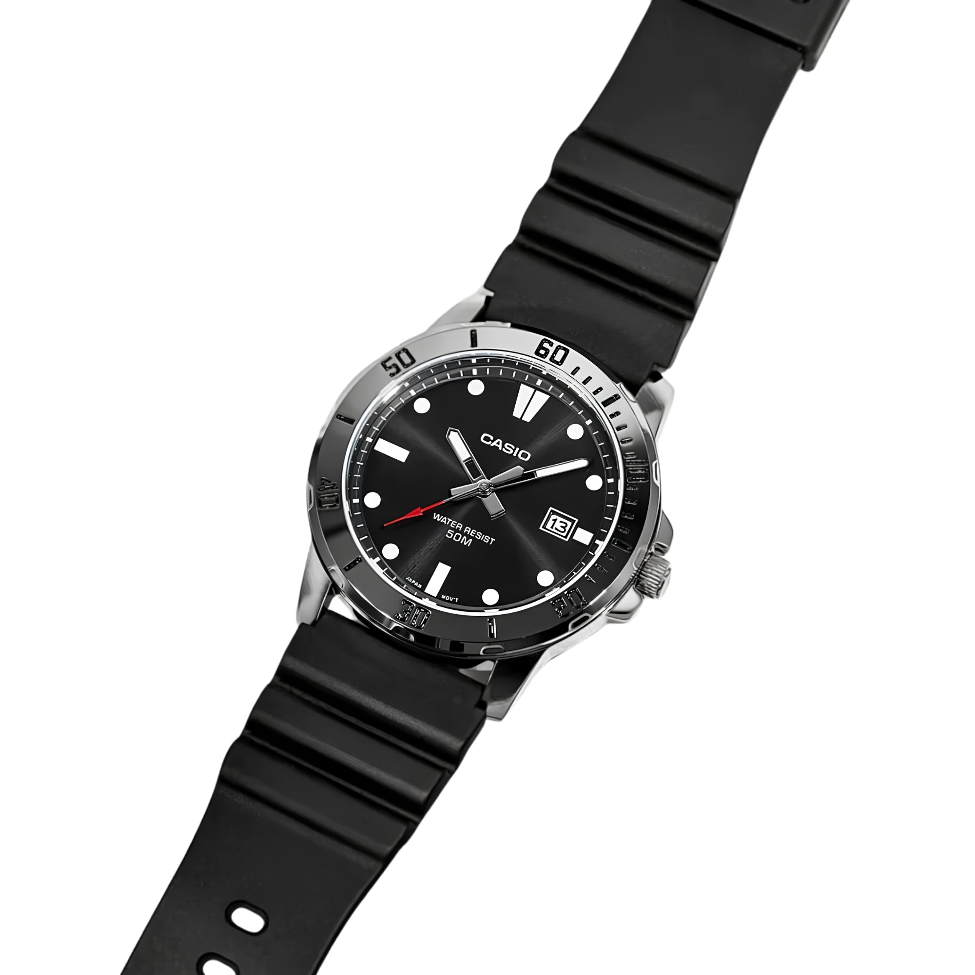 Casio MTP-VD01-1EVUDF Men's Analog Watch | Black Dial | Resin Strap | Quartz Movement | Mineral Glass | 50M Water Resistant | Date Display