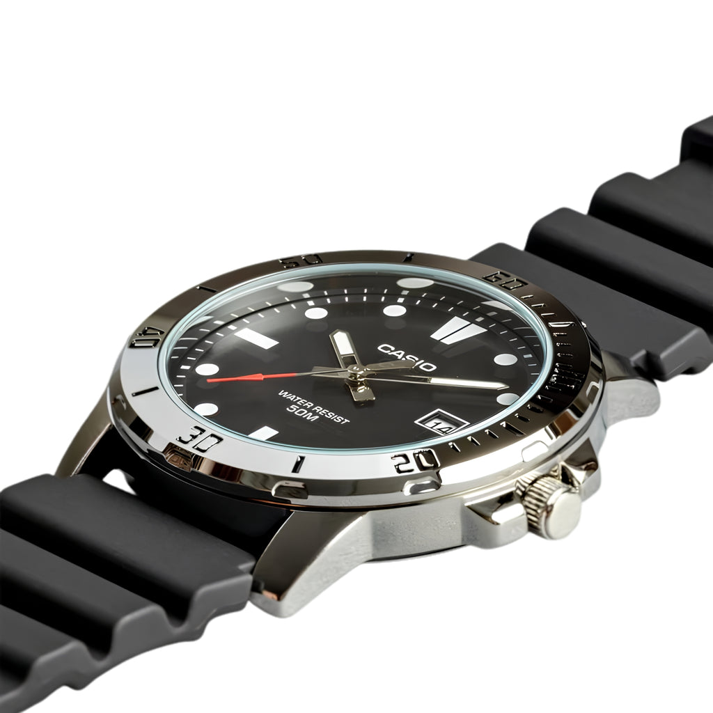 Casio MTP-VD01-1EVUDF Men's Analog Watch | Black Dial | Resin Strap | Quartz Movement | Mineral Glass | 50M Water Resistant | Date Display
