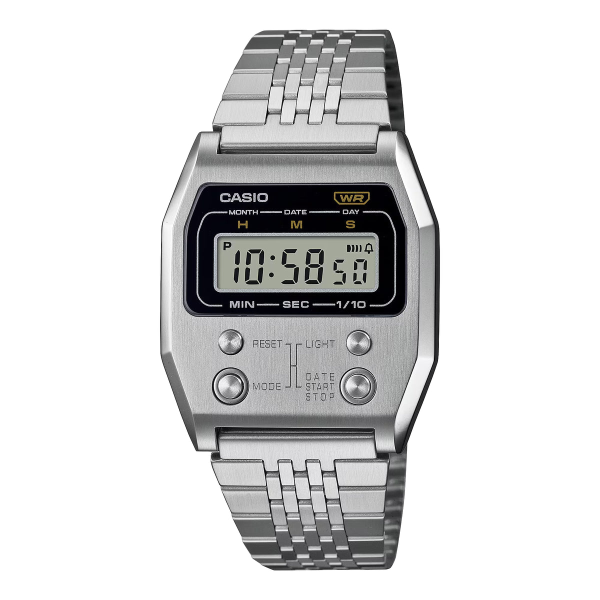 Casio Vintage A1100D-1DF Unisex Digital Watch with Stainless Steel Bracelet, Silver Tone Metal Case, LCD Display, Quartz Movement, Retro Design