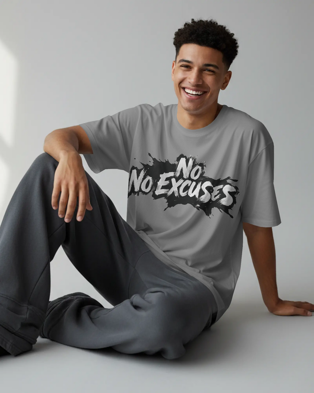 No Excuses Brush Graphic T-Shirt | 100% Cotton Gym Tee | Relaxed oversized-style fit