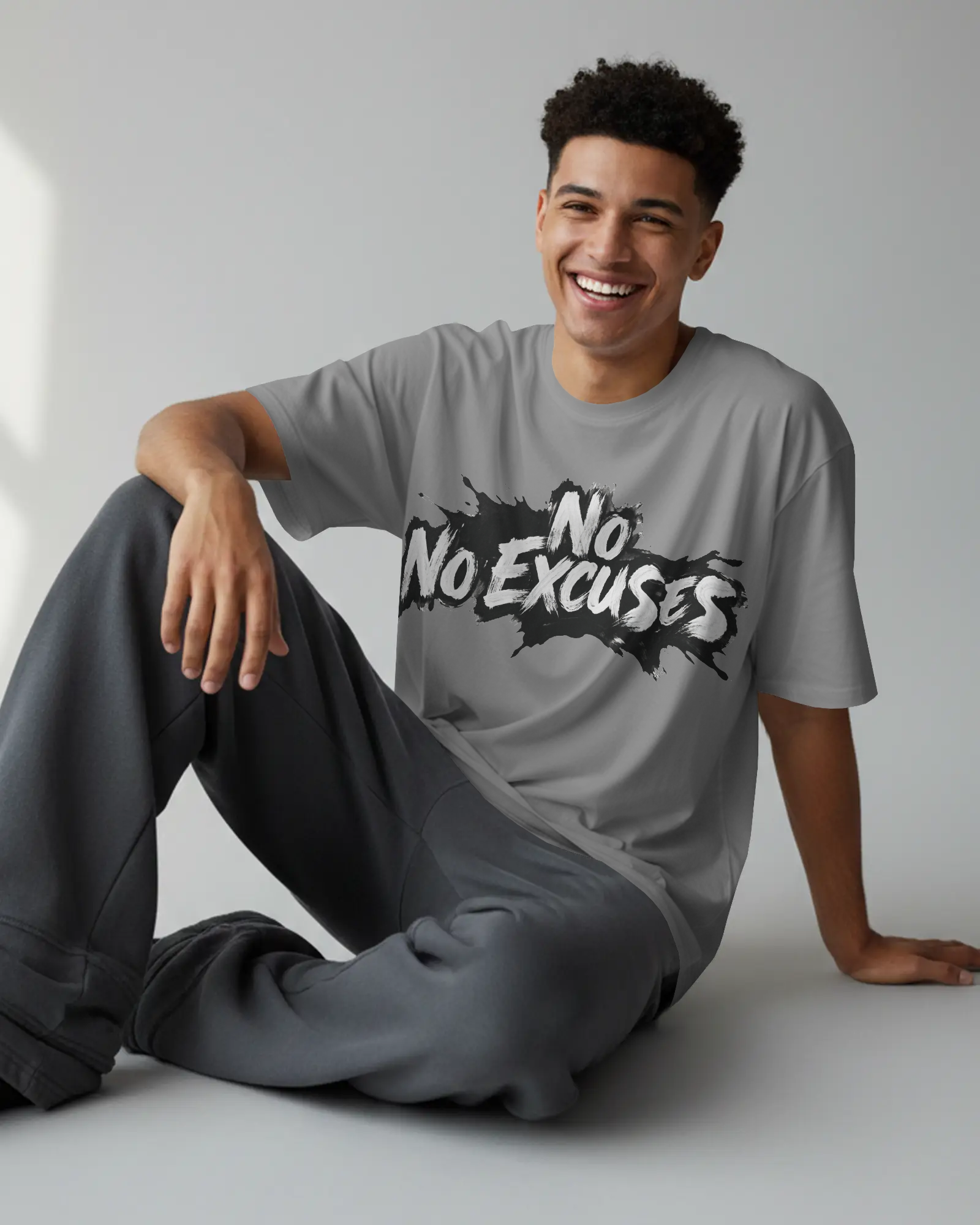 No Excuses Brush Graphic T-Shirt | 100% Cotton Gym Tee | Relaxed oversized-style fit