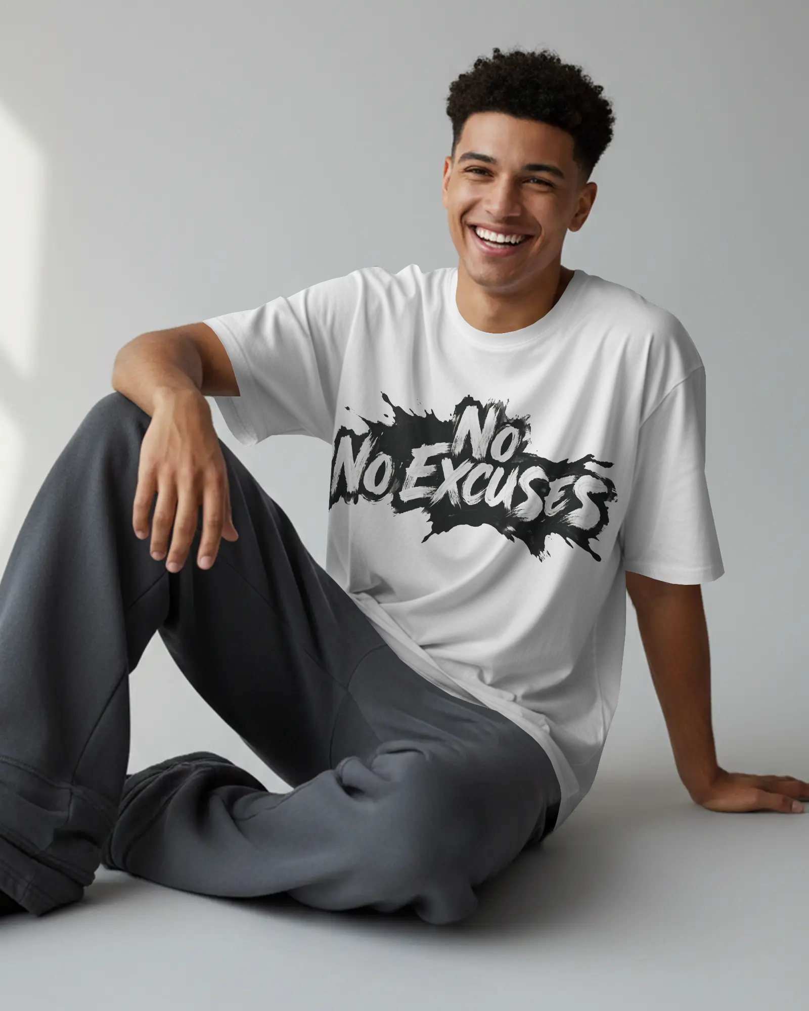 No Excuses Brush Graphic T-Shirt | 100% Cotton Gym Tee | Relaxed oversized-style fit