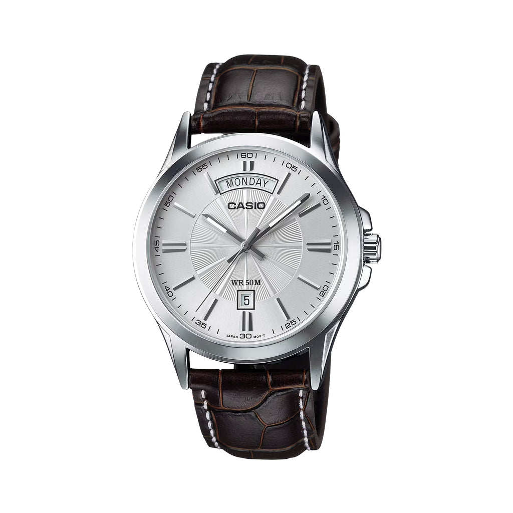 Casio Men's Analog Quartz Watch MTP-1381L-7AVDF Silver Dial Day Date Display Stainless Steel Case Black Leather Strap 50M Water Resistant