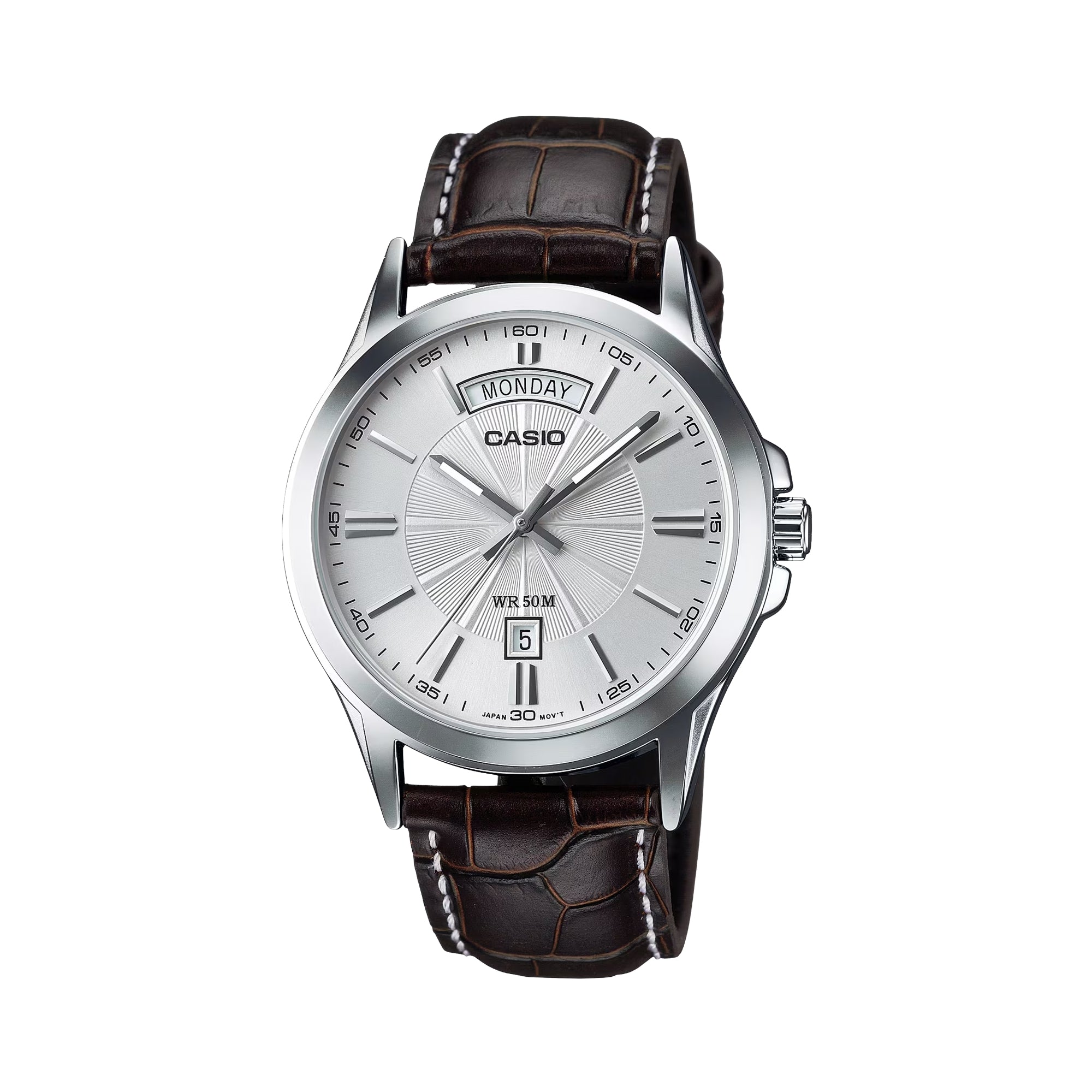 Casio Men's Analog Quartz Watch MTP-1381L-7AVDF Silver Dial Day Date Display Stainless Steel Case Black Leather Strap 50M Water Resistant