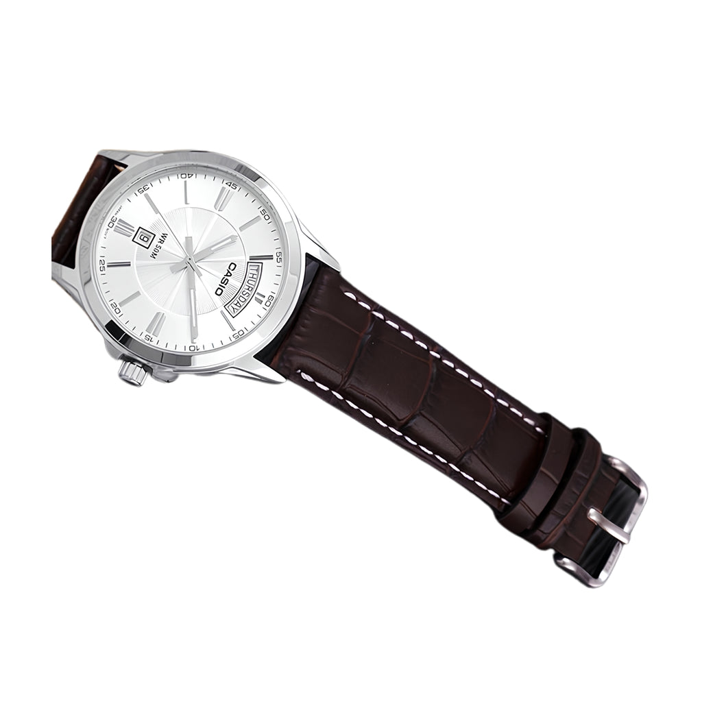 Casio Men's Analog Quartz Watch MTP-1381L-7AVDF Silver Dial Day Date Display Stainless Steel Case Black Leather Strap 50M Water Resistant