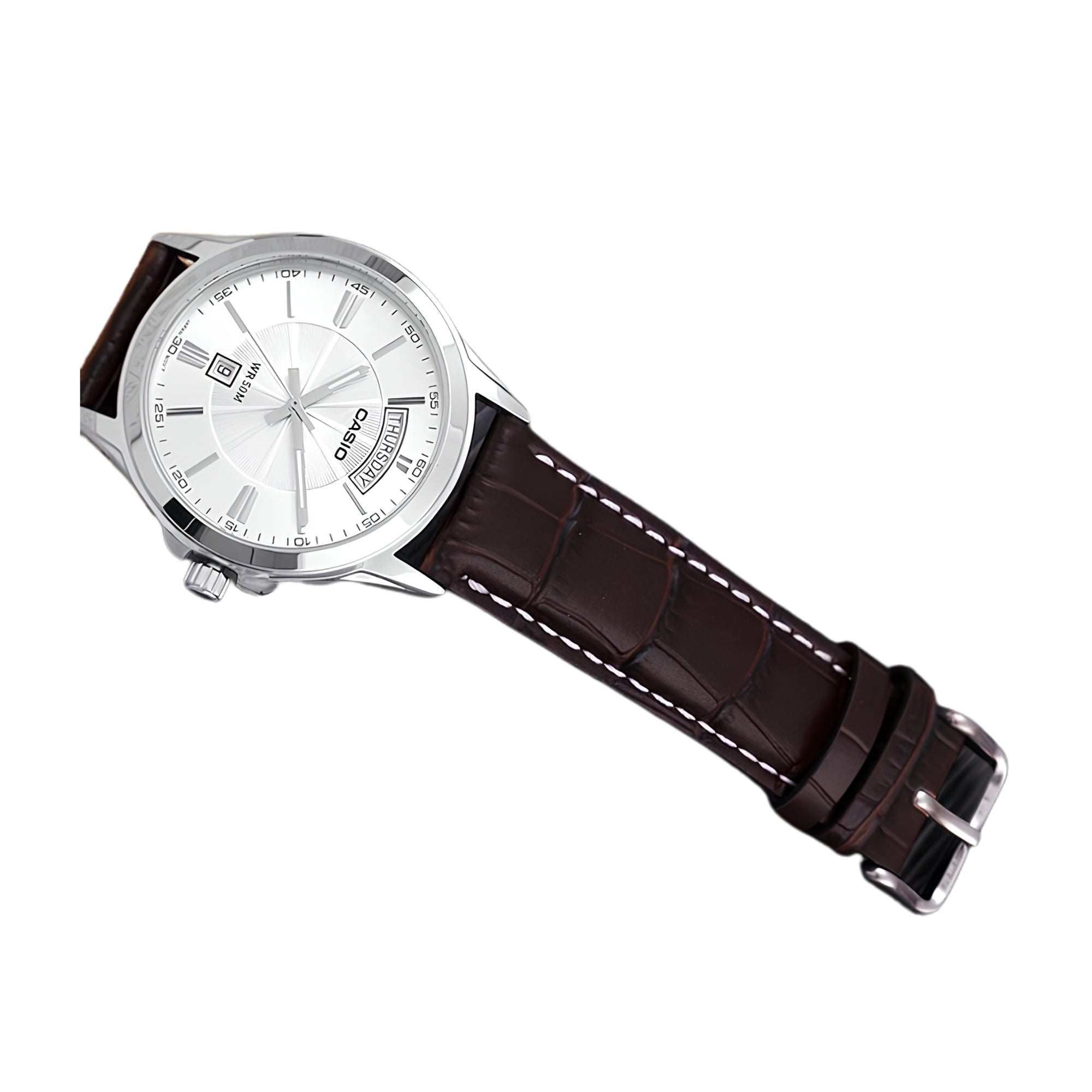 Casio Men's Analog Quartz Watch MTP-1381L-7AVDF Silver Dial Day Date Display Stainless Steel Case Black Leather Strap 50M Water Resistant