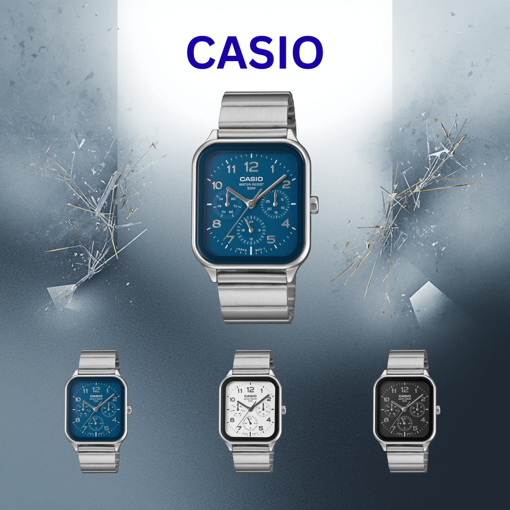 Casio Men's Analog Quartz Stainless Steel Watch MTP-M306D-2AVDF Blue Dial Moon Phase Day Date 50M Water Resistant Silver Strap