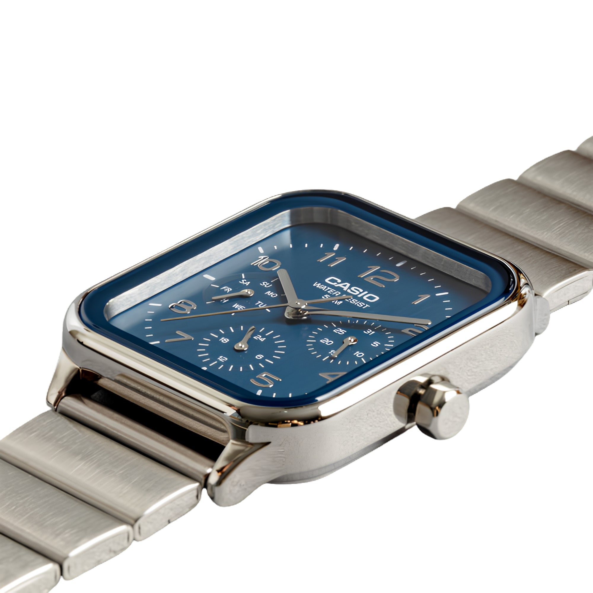 Casio Men's Analog Quartz Stainless Steel Watch MTP-M306D-2AVDF Blue Dial Moon Phase Day Date 50M Water Resistant Silver Strap