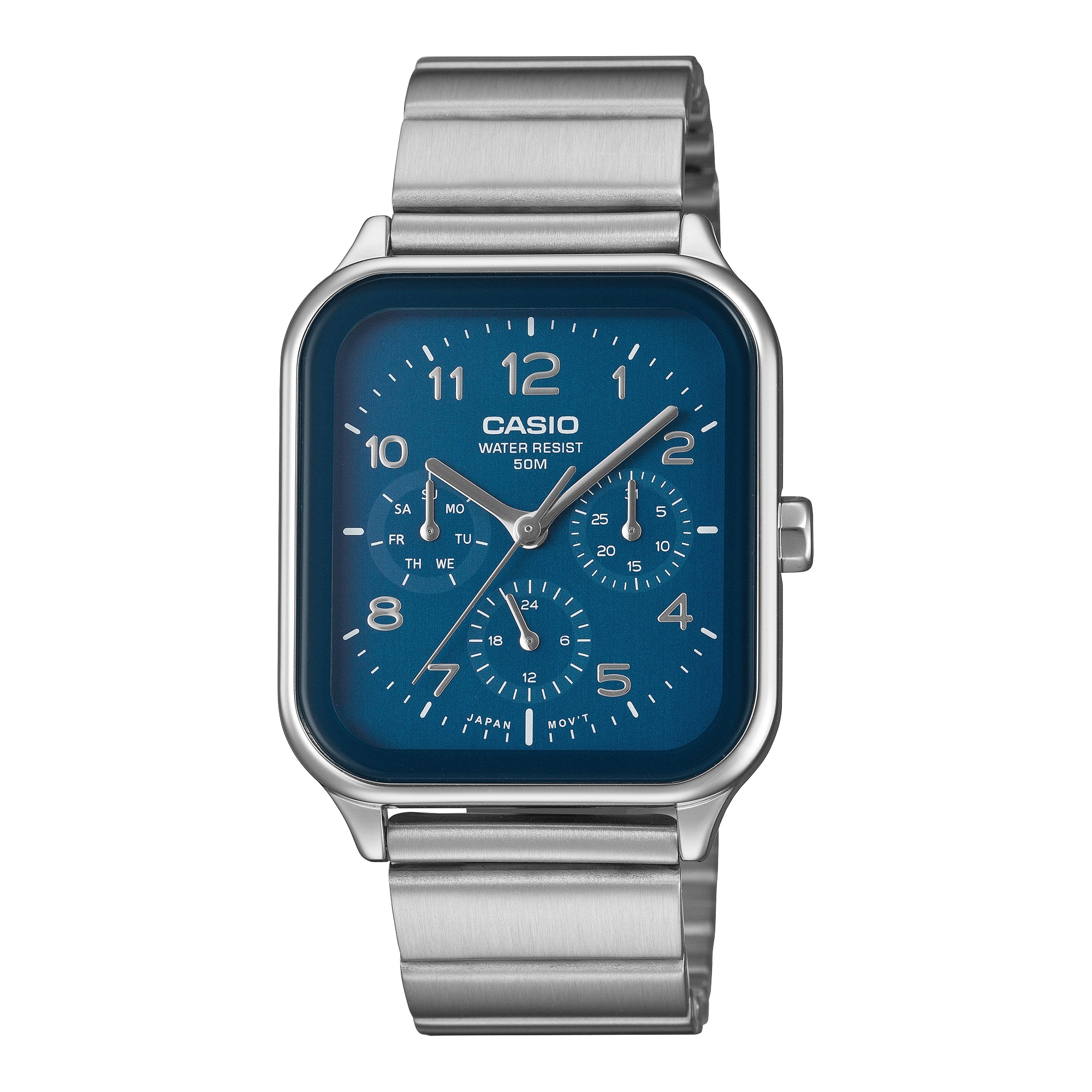 Casio Men's Analog Quartz Stainless Steel Watch MTP-M306D-2AVDF Blue Dial Moon Phase Day Date 50M Water Resistant Silver Strap