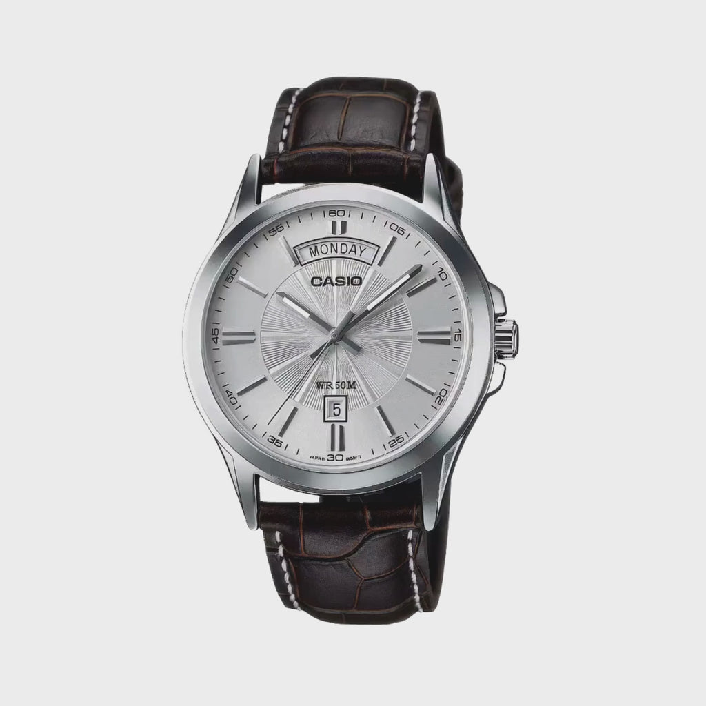 Casio Men's Analog Quartz Watch MTP-1381L-7AVDF Silver Dial Day Date Display Stainless Steel Case Black Leather Strap 50M Water Resistant