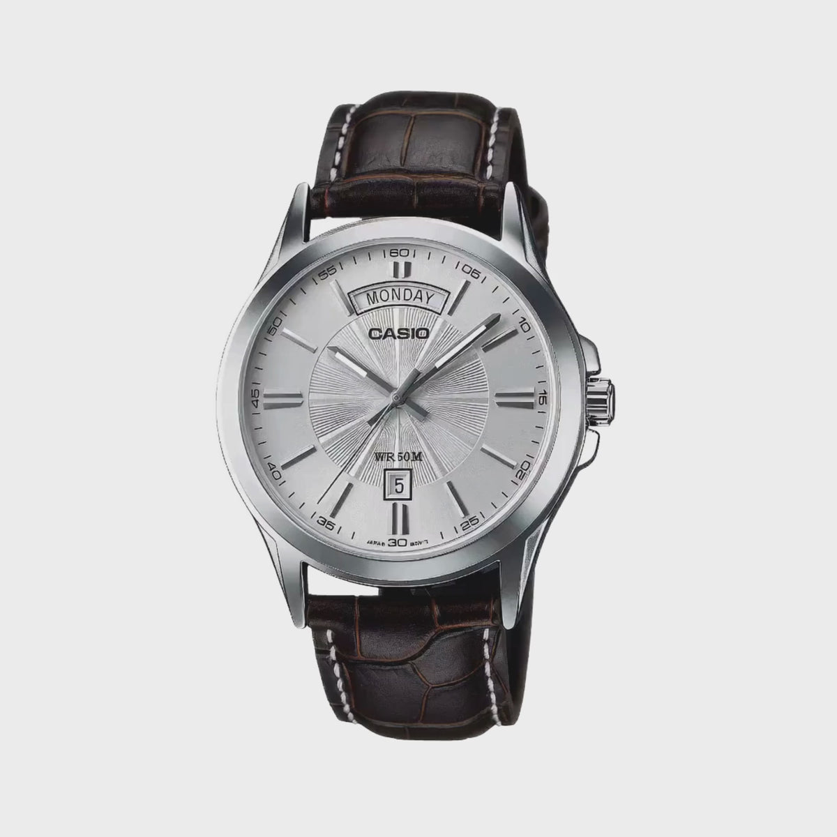 Casio Men's Analog Quartz Watch MTP-1381L-7AVDF Silver Dial Day Date Display Stainless Steel Case Black Leather Strap 50M Water Resistant