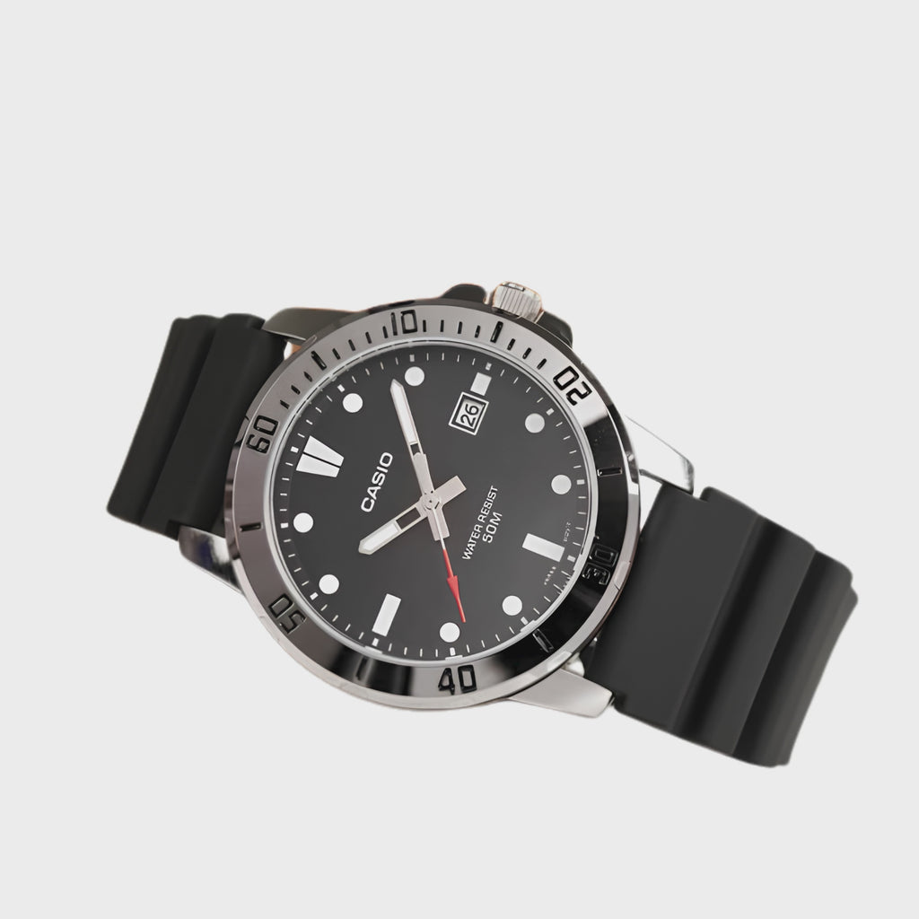 Casio MTP-VD01-1EVUDF Men's Analog Watch | Black Dial | Resin Strap | Quartz Movement | Mineral Glass | 50M Water Resistant | Date Display