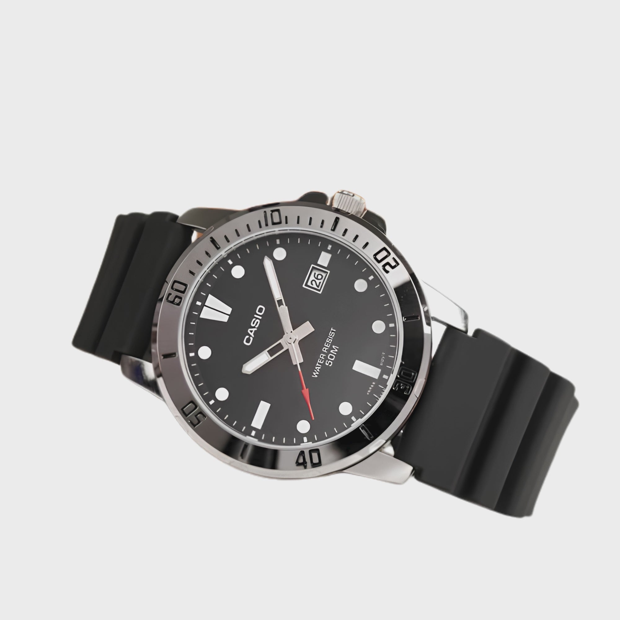 Casio MTP-VD01-1EVUDF Men's Analog Watch | Black Dial | Resin Strap | Quartz Movement | Mineral Glass | 50M Water Resistant | Date Display
