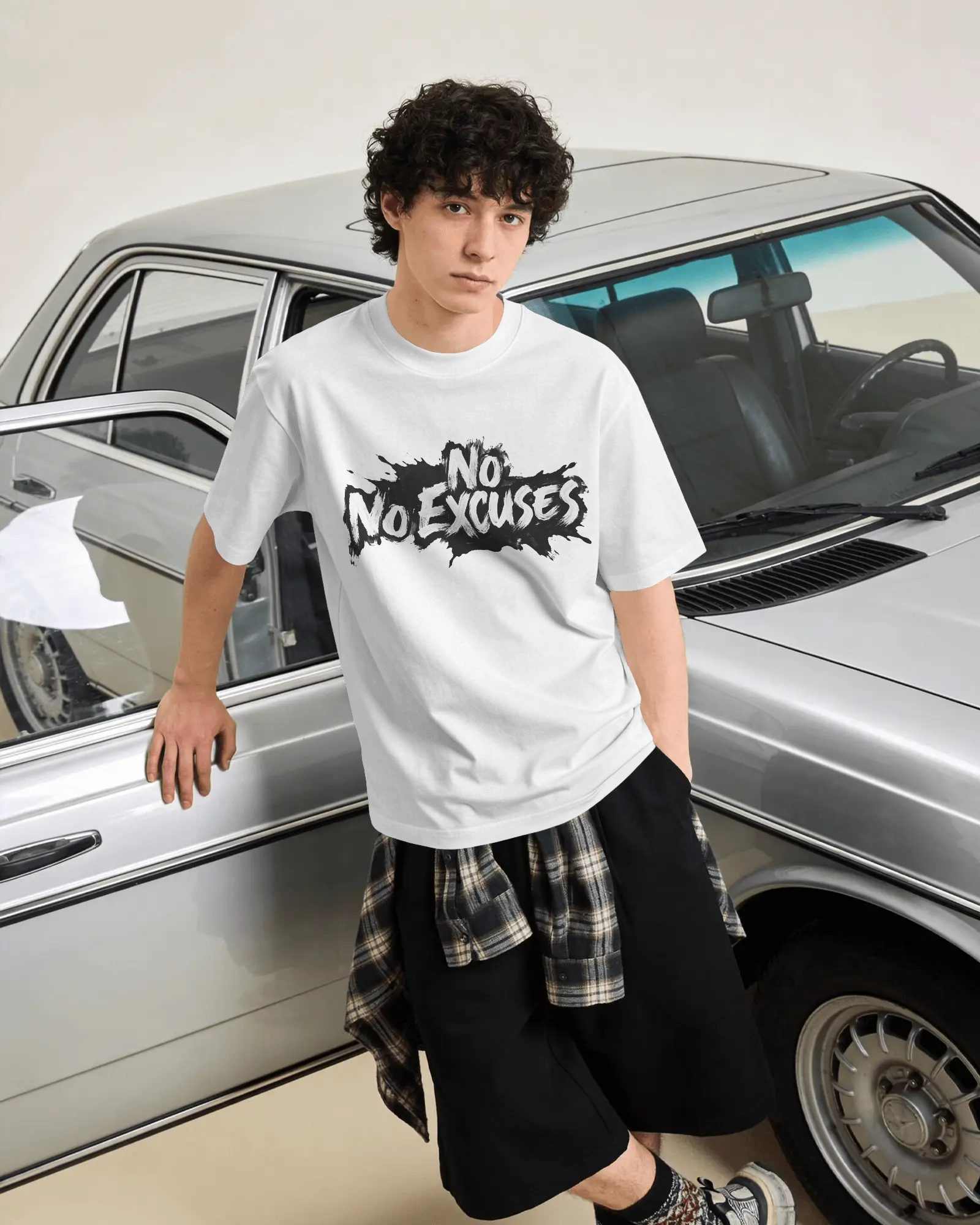 No Excuses Brush Graphic T-Shirt | 100% Cotton Gym Tee | Relaxed oversized-style fit