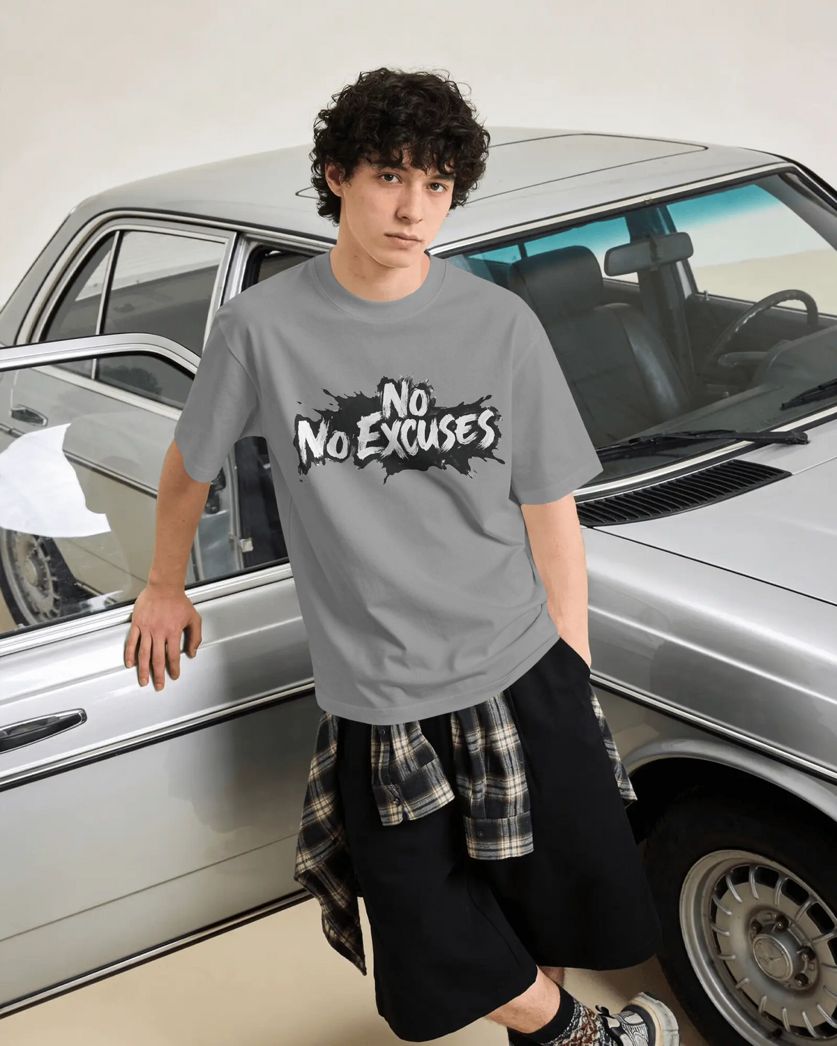 No Excuses Brush Graphic T-Shirt | 100% Cotton Gym Tee | Relaxed oversized-style fit