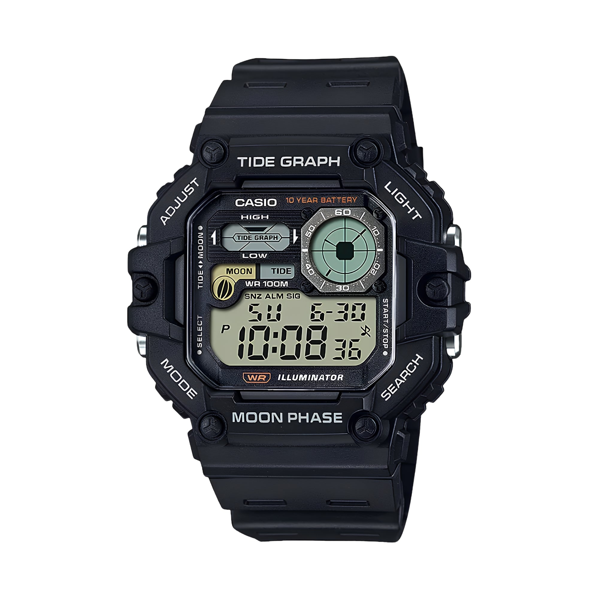 CASIO WS-1700H-1AVDF Digital Sports Watch for Men | 100M Water Resistant | Moon Phase & Tide Graph | LED Backlight | Multi Alarm | Stopwatch | Black Resin Strap