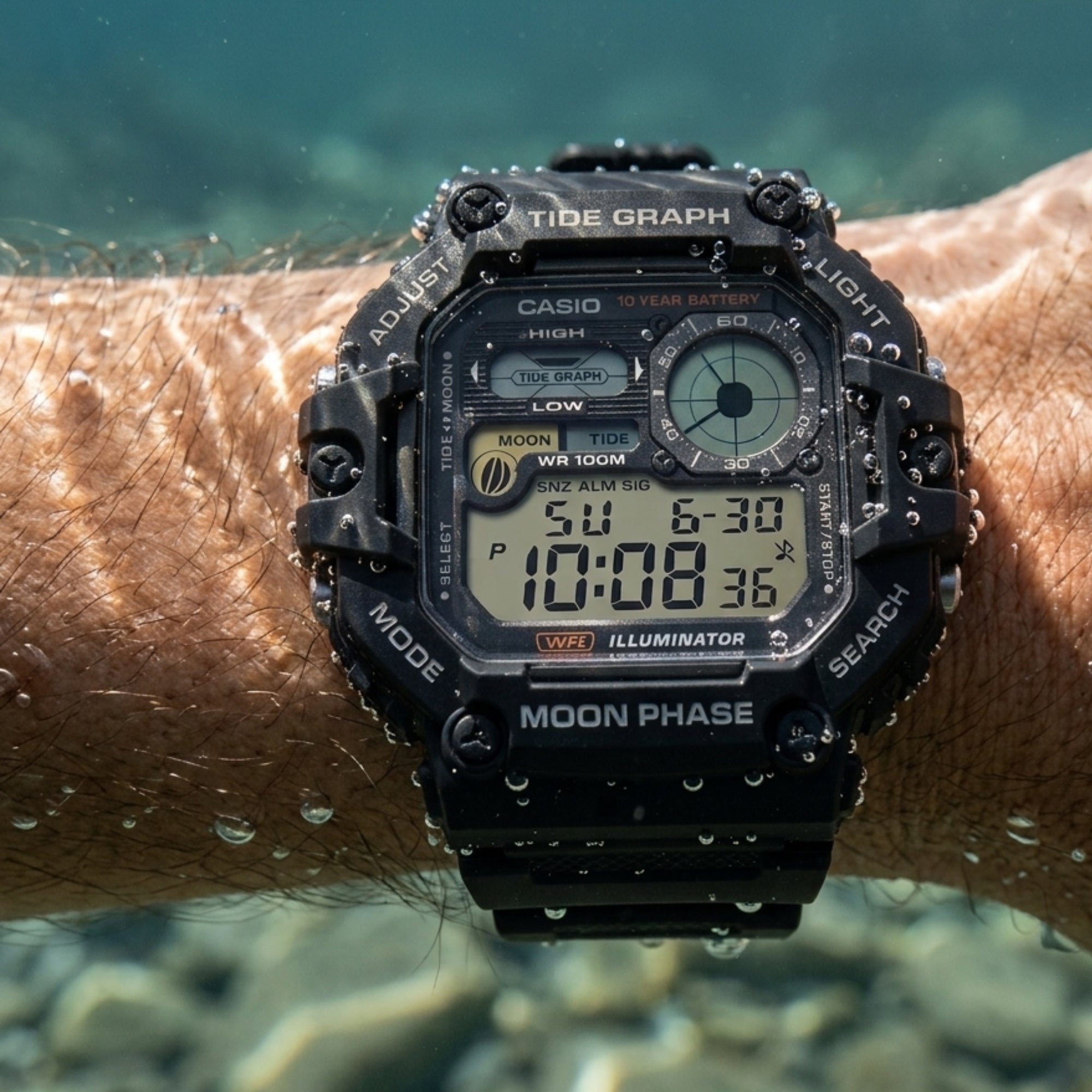 CASIO WS-1700H-1AVDF Digital Sports Watch for Men | 100M Water Resistant | Moon Phase & Tide Graph | LED Backlight | Multi Alarm | Stopwatch | Black Resin Strap